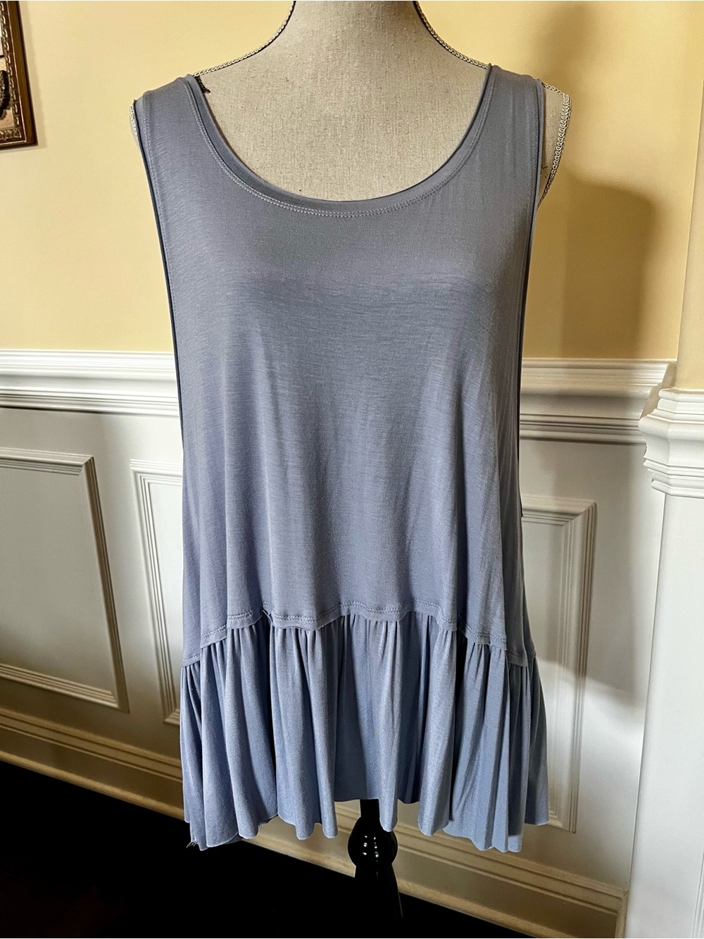 Scoop Neck Sleeveless Tunic Tank top with Peplum Ruffled Hem. Dusty Blue